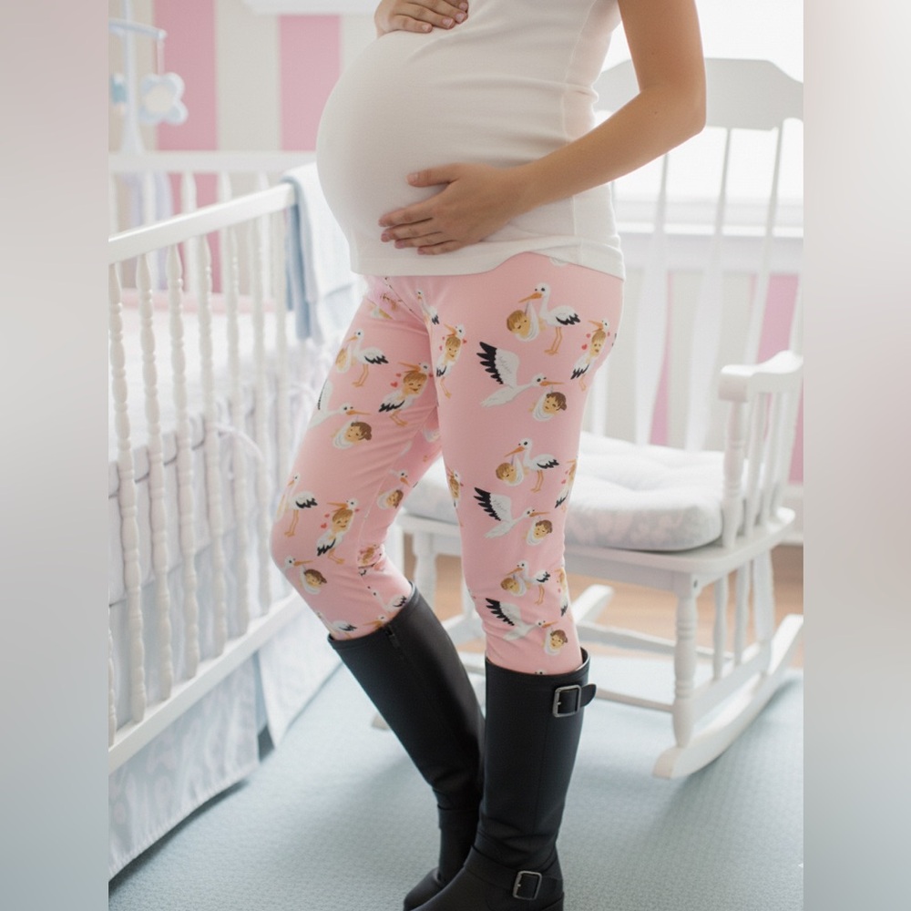 NEW Womens Pink Stork Leggings, Yoga Pants, Sizes OS/TC, Maternity or Not PG